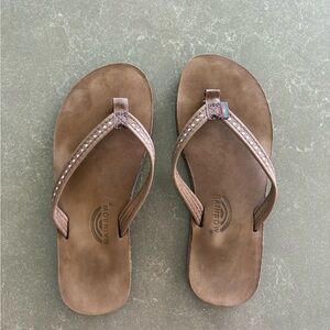 Rainbow Brown Leather Sandal Flip Flops with Stud Accents